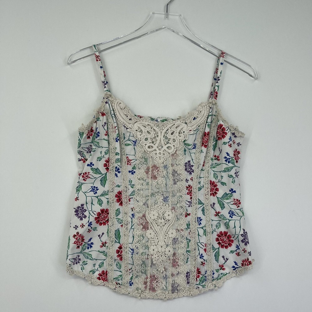 Free People Womens Top Size 8 White Floral Embroidered Adjustable Sleeveless
